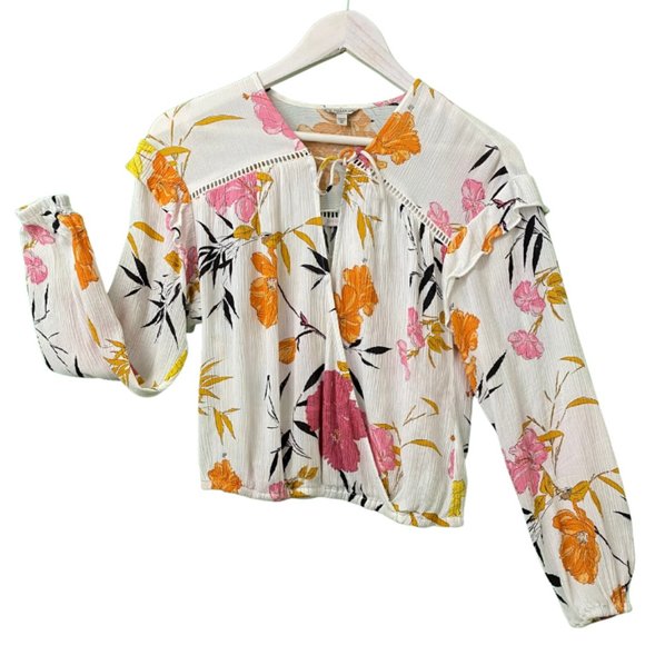 Guess Floral-Print Long-Sleeve Top with a Neckline Front Self-Tie Size S - Picture 2 of 4